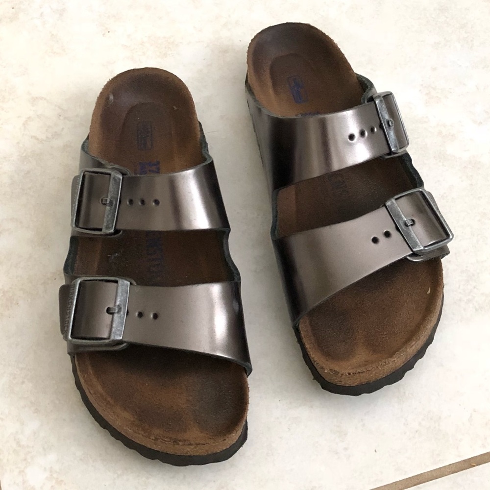 Metallic Anthracite Birkenstock Slip-Ons